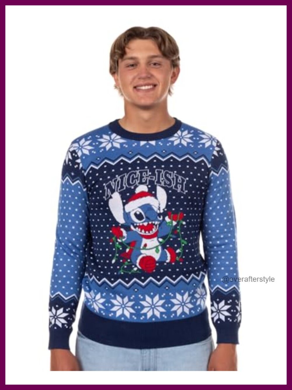 Disney Stitch Nice-Ish Holiday Lights Pullover Crewneck Sweater Acrylic